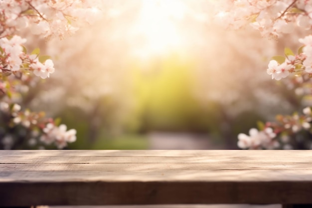 A wooden table with a flower background