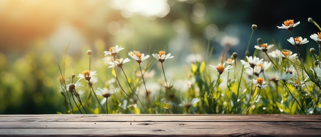 Wooden Table with Flowers in the Background AI Generated Image