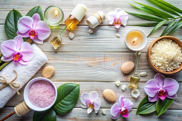 Photo a wooden table with flowers a candle and a candle on it