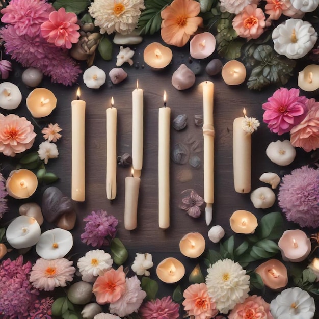 a wooden table with flowers and candles in the center of the word  in the center of the picture