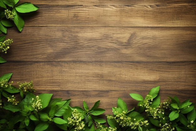 A wooden table with flowers and leaves on it