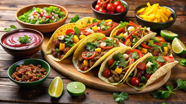 Photo a wooden table with food and a variety of tacos