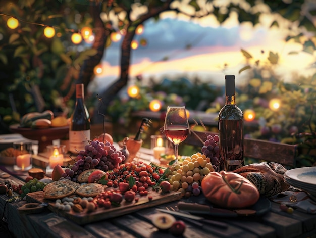 Wooden Table with Food and Wine