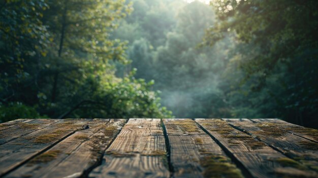 Photo wooden table with forest view background