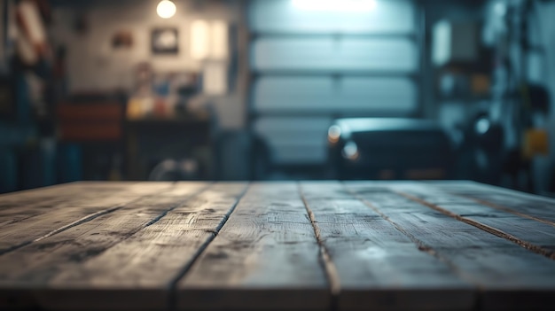 Wooden Table with Garage Background