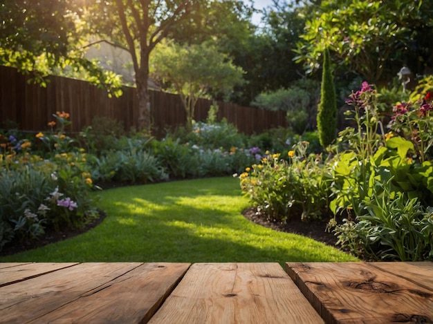 A wooden table with a garden in the background