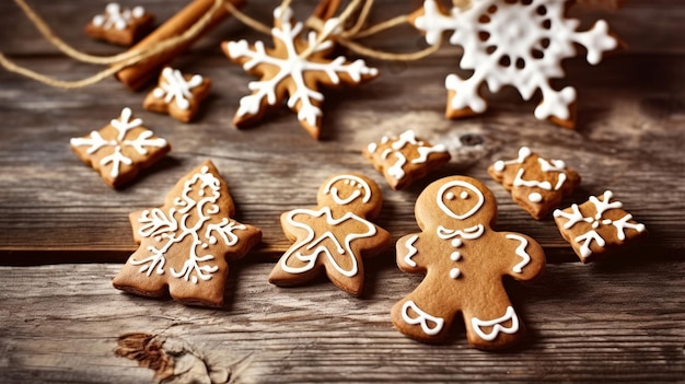 A wooden table with gingerbread cookies and snowflakes on it