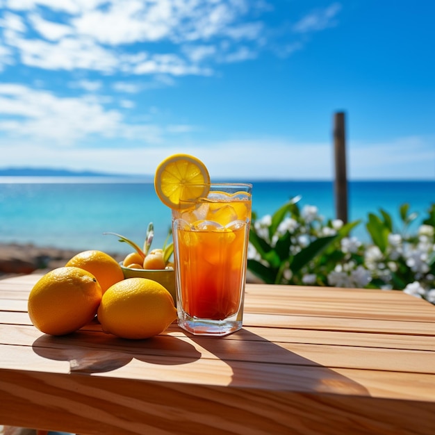 Wooden table with glass of fresh juice