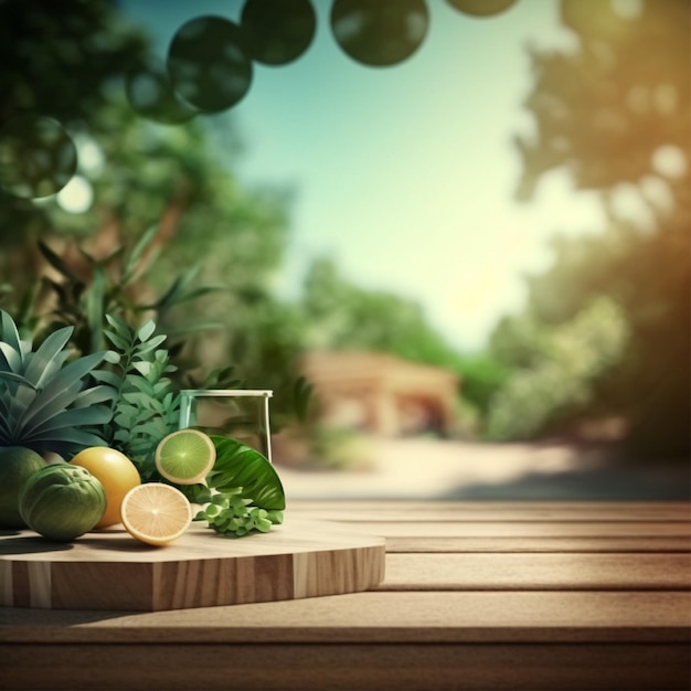 A wooden table with a glass and a plant on it