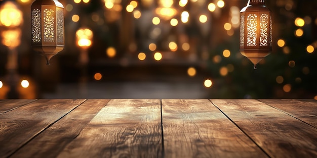 Photo wooden table with glowing ramadan lanterns and festive bokeh lights