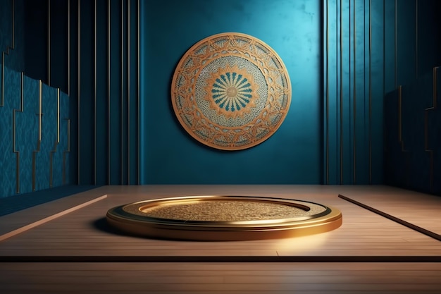 A wooden table with a gold plate on it and a round sign that says'the word'on it '