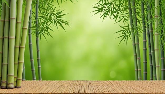 a wooden table with a green background and a bamboo branch