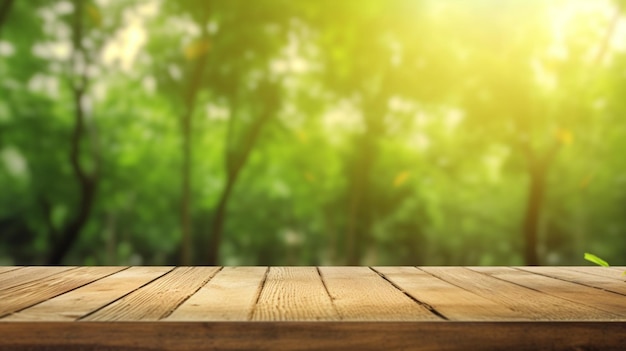 Wooden table with a green background and the sun shining on it