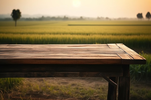 A wooden table with a green field in the background