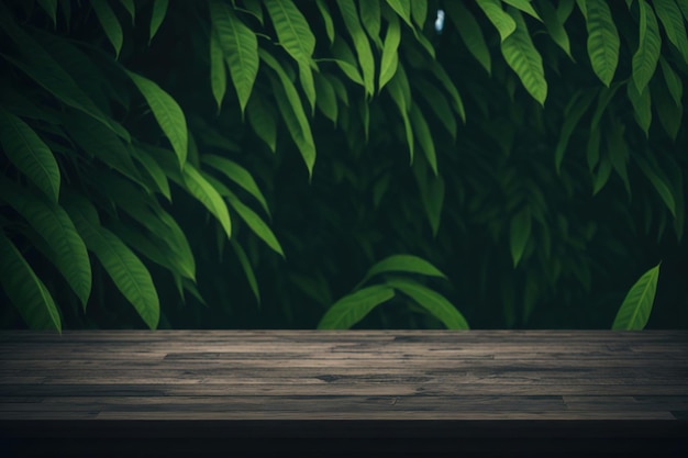 A wooden table with green leaves in the background