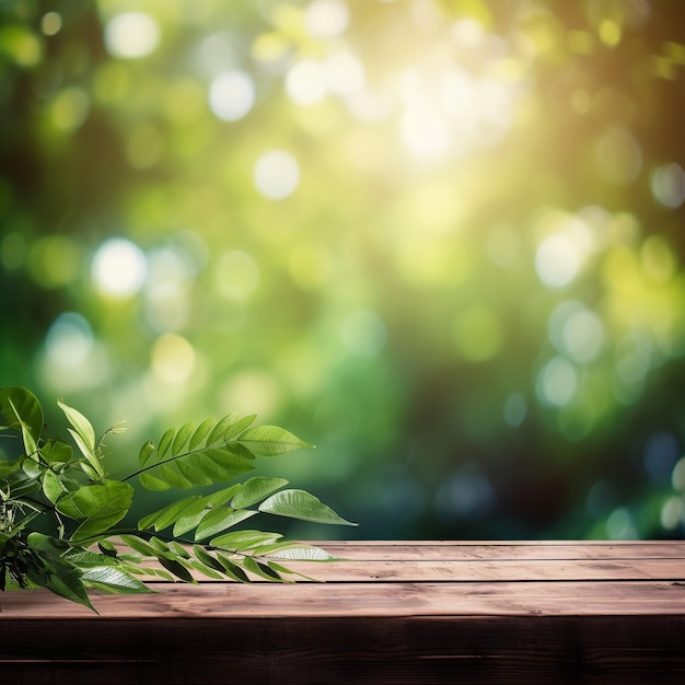 Wooden table with green leaves on blurred green bokeh