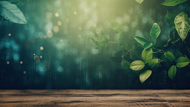 A wooden table with a green plant on it