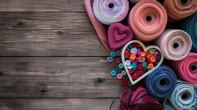 Photo a wooden table with a heart shaped container of buttons