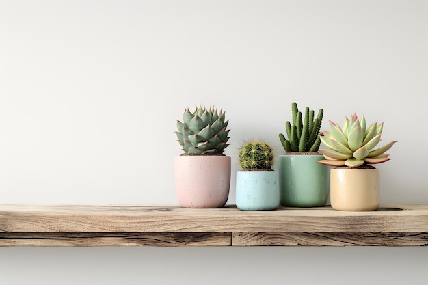 Wooden table with houseplants in flowerpots on shelving