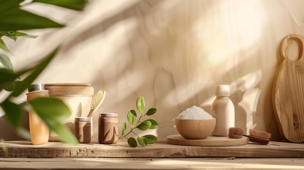 a wooden table with a jar of flour and a plant on it