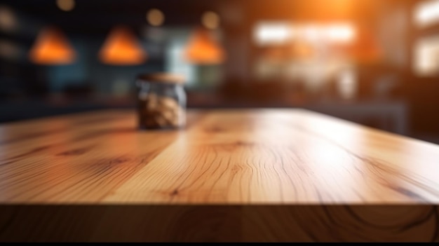 A wooden table with a jar of nuts on it