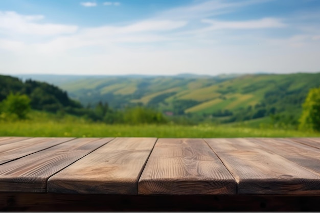 A wooden table with a landscape in the background