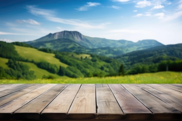 A wooden table with a landscape in the background