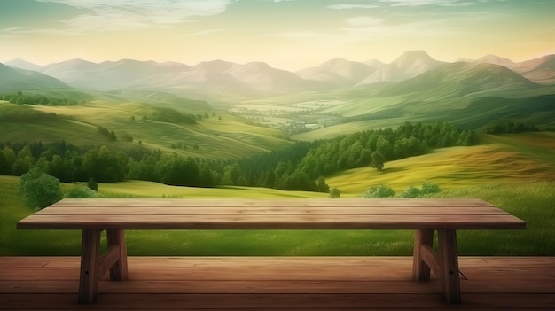 Wooden table with landscape of green hills meadow and countryside Bright color Generative Ai