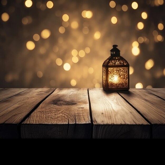 Photo a wooden table with a lantern on it and a blurry background