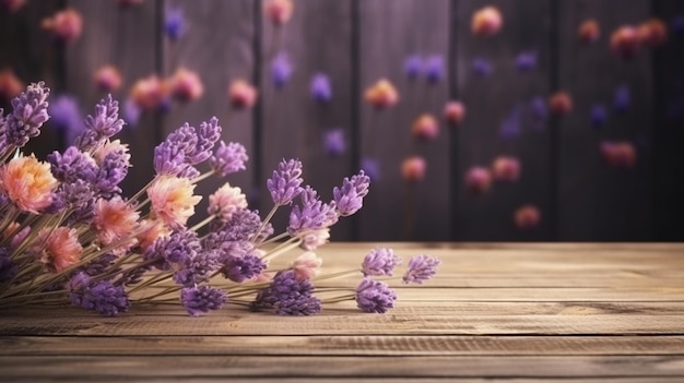 Wooden table with lavender Wood tabletop with flowers Generative AI