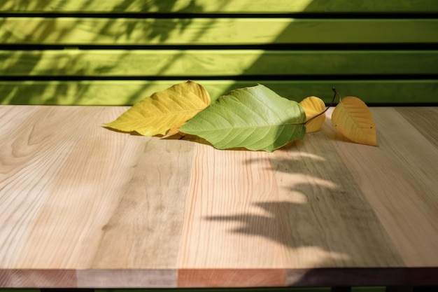 A wooden table with leaves on it and a green background