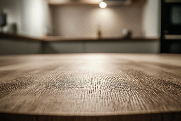 a wooden table with a light reflecting on it