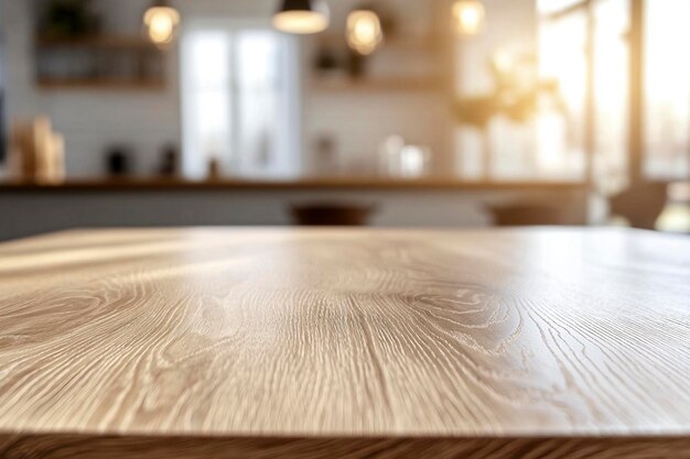 a wooden table with a light shining through the window