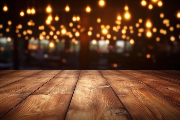 A wooden table with lights in the background