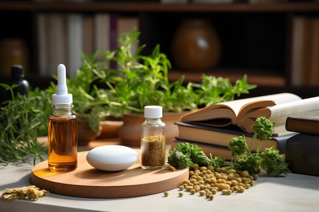 Wooden Table with Medicinal Herb Accents