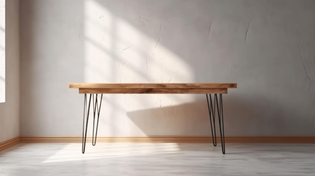 Wooden table with metal legs in a room with a white wall and a window.