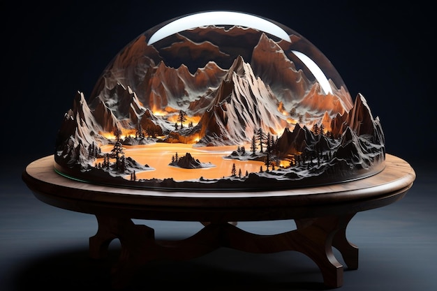 A wooden table with a mountain Generative Ai