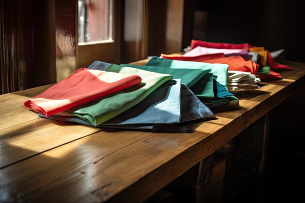 A wooden table with napkins of various colors including red blue and green