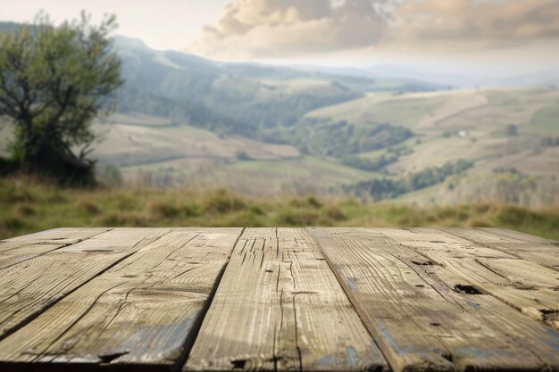 Photo wooden table with natural landscape background for product presentation