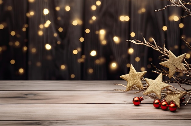 Wooden table with New Year decorations with blurred golden lights in the background