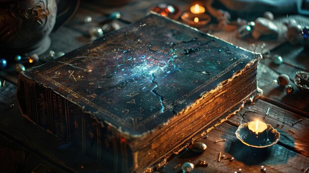 Photo wooden table with an old mystical book and magical artifacts creating a magical and mysterious atmosphere