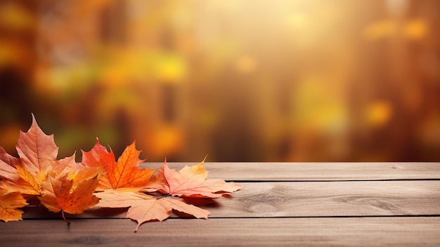 wooden table with orange fall autumn leaves beautiful background design