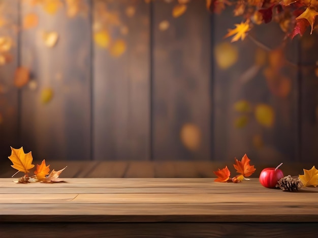 Wooden table with orange leaves autumn background