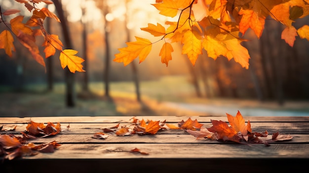 Wooden table with orange leaves autumn background