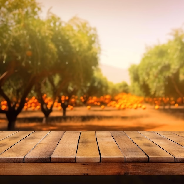 A wooden table with oranges in the background