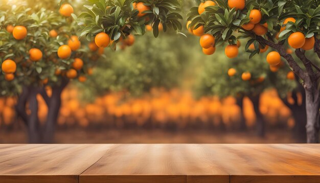 a wooden table with oranges hanging from the trees