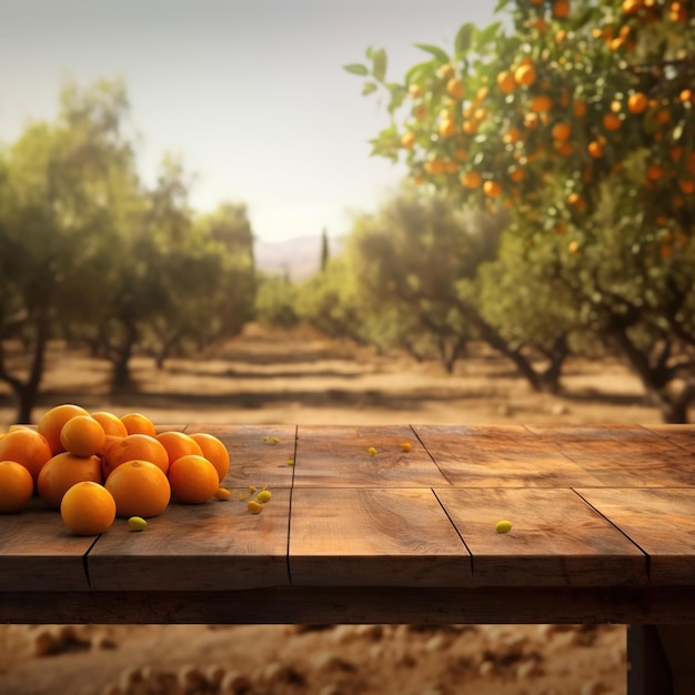 A wooden table with oranges on it and trees in the background.