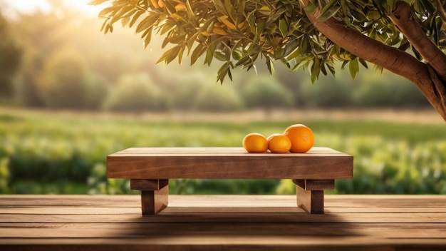 a wooden table with oranges and an orange tree on it