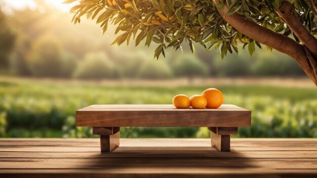 Photo a wooden table with oranges and an orange tree on it