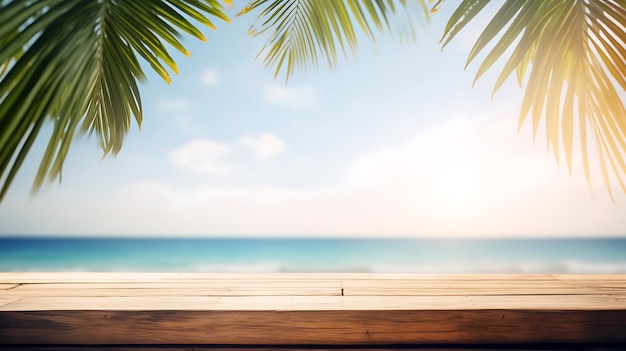 Wooden table with a palm tree on the background